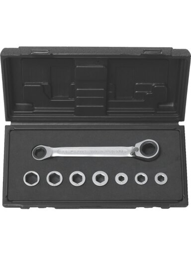 Žiedinių terkšlinių raktų su reversu komplektas  8-vnt GEAR+, KS Tools