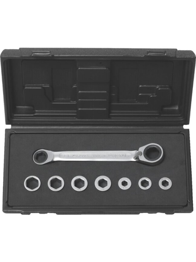 Žiedinių terkšlinių raktų su reversu komplektas 8-vnt GEAR+, KS Tools Žiedinių terkšlinių raktų su reversu komplektas 8-vnt GEAR+, KS Tools